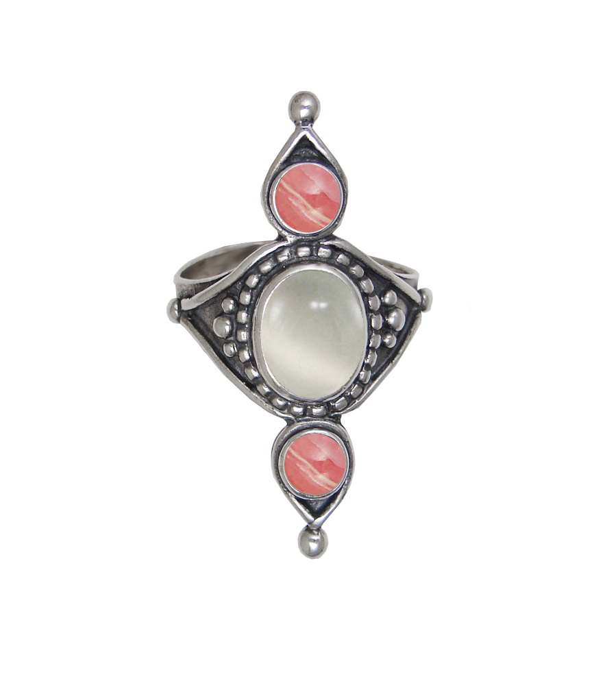 Sterling Silver Royal Ring With White Moonstone And Rhodocrosite Size 9